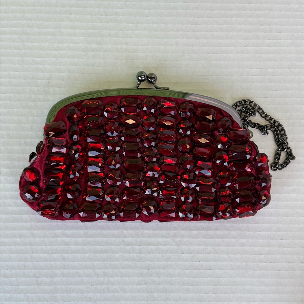 The Limited Red Crystal Beaded Clutch with Chain